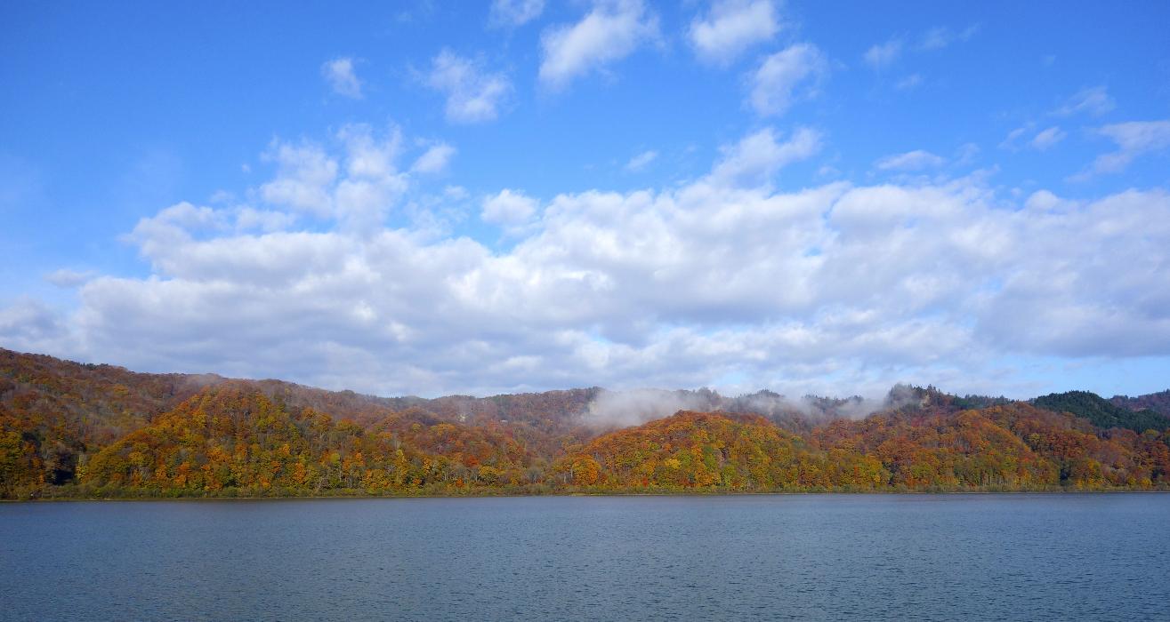 二風谷ダム湖の奥に紅葉が広がっている写真