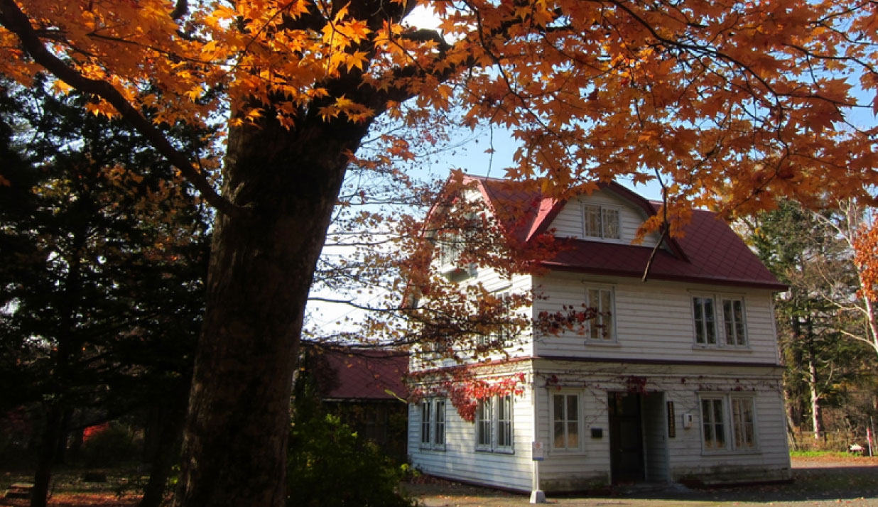 オレンジ色に紅葉した1本の大きな木の奥に建つ2階建てで赤色屋根に白地の外壁の旧マンロー邸外観写真