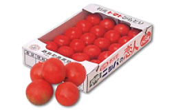 手前に濃い赤色で丸々としたトマトが5個あり、その後ろに「ニシパの恋人」と書かれた白い長方形の箱に箱詰めされた艶のある複数のトマトの写真