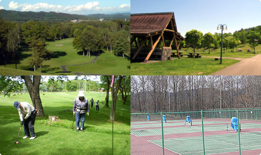 ゲートボール場、パークゴルフ場、テニスコートがある二風谷ファミリーランドの写真