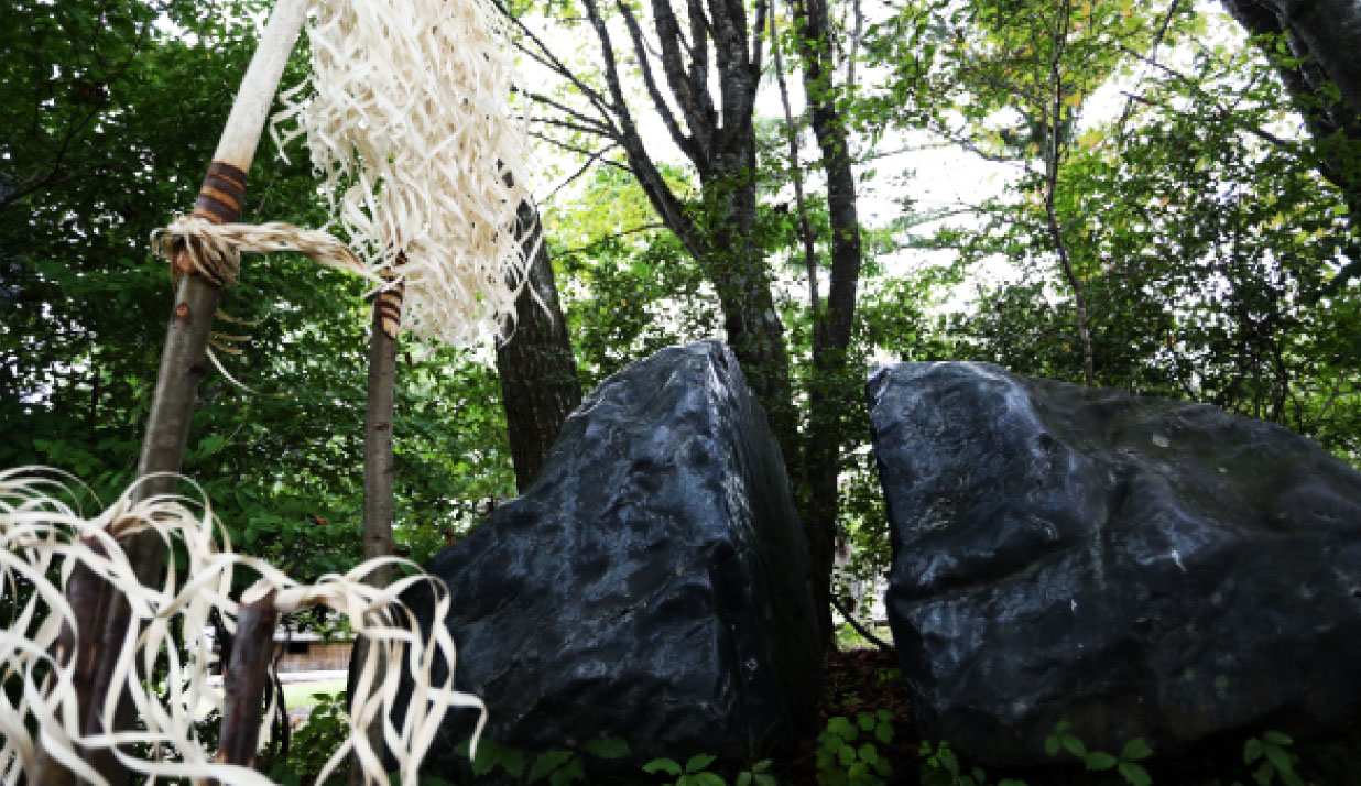 木々に囲まれ、大きな岩が真ん中で縦に2つに分かれいる夫婦石の写真