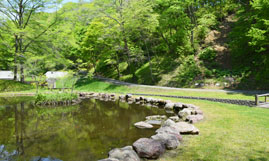 木々が植えられ、周りを石で囲まれた池のある義経公園の写真