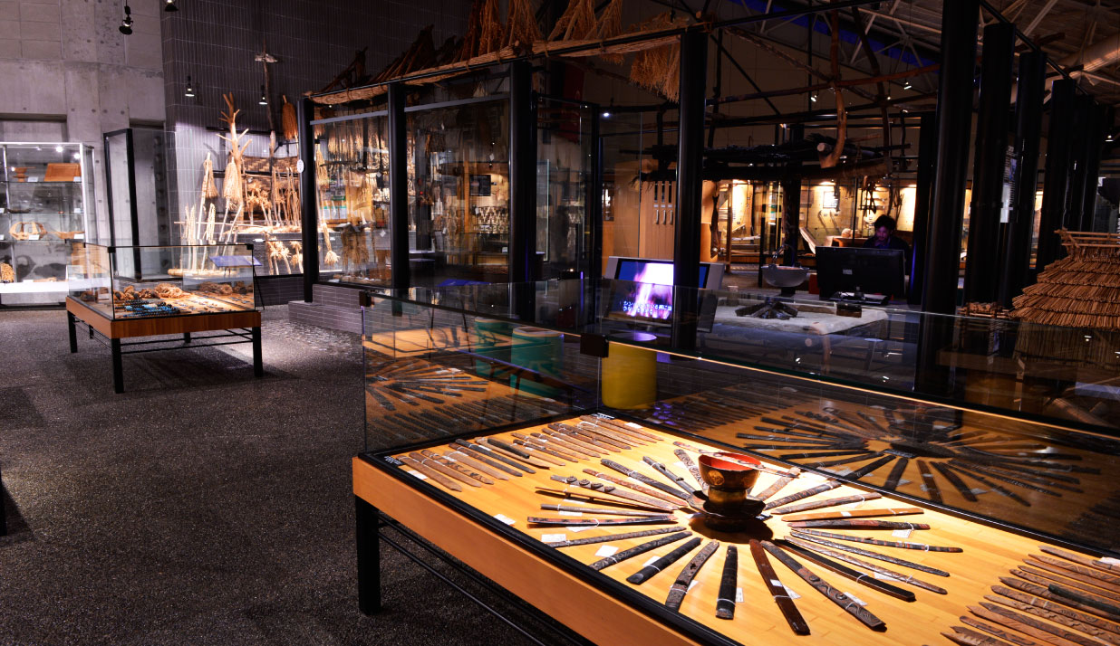 照明を落とした館内で、民具や工芸品など長方形のガラケース中に飾られた展示品にスポットライトをあてている二風谷アイヌ文化博物館の内観写真